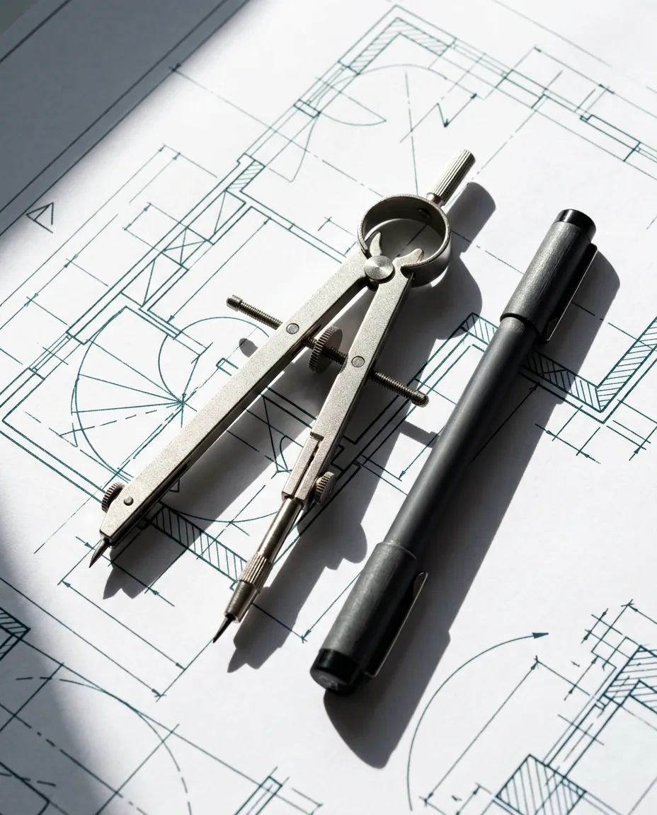 Drafting compass and pencil resting on a blueprint